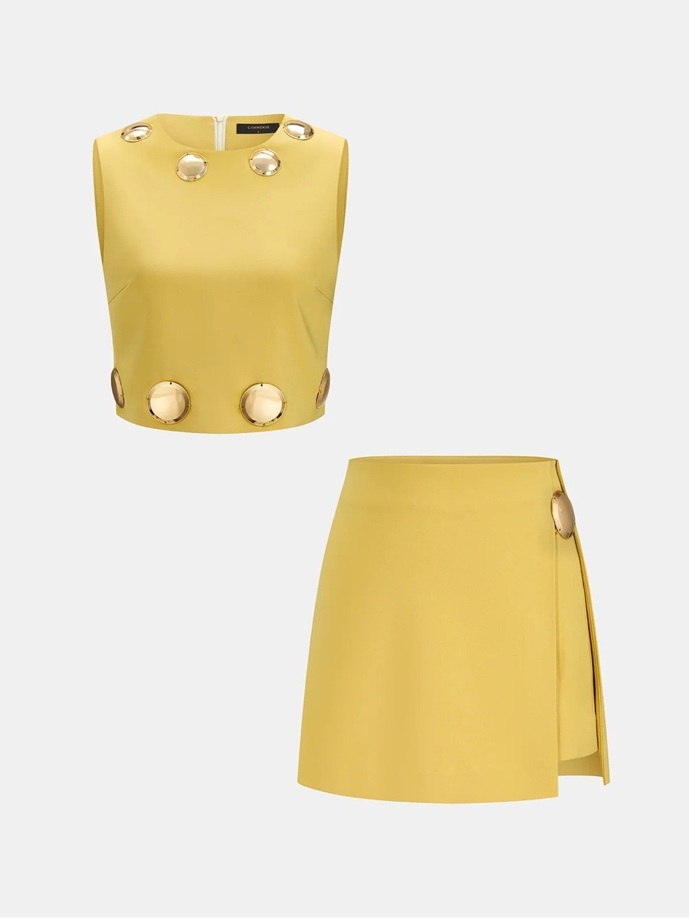 {BRAND NEW} Sleeveless Metal Detail Yellow Crop Top + Mini Skirt Set - Picture 2 of 4